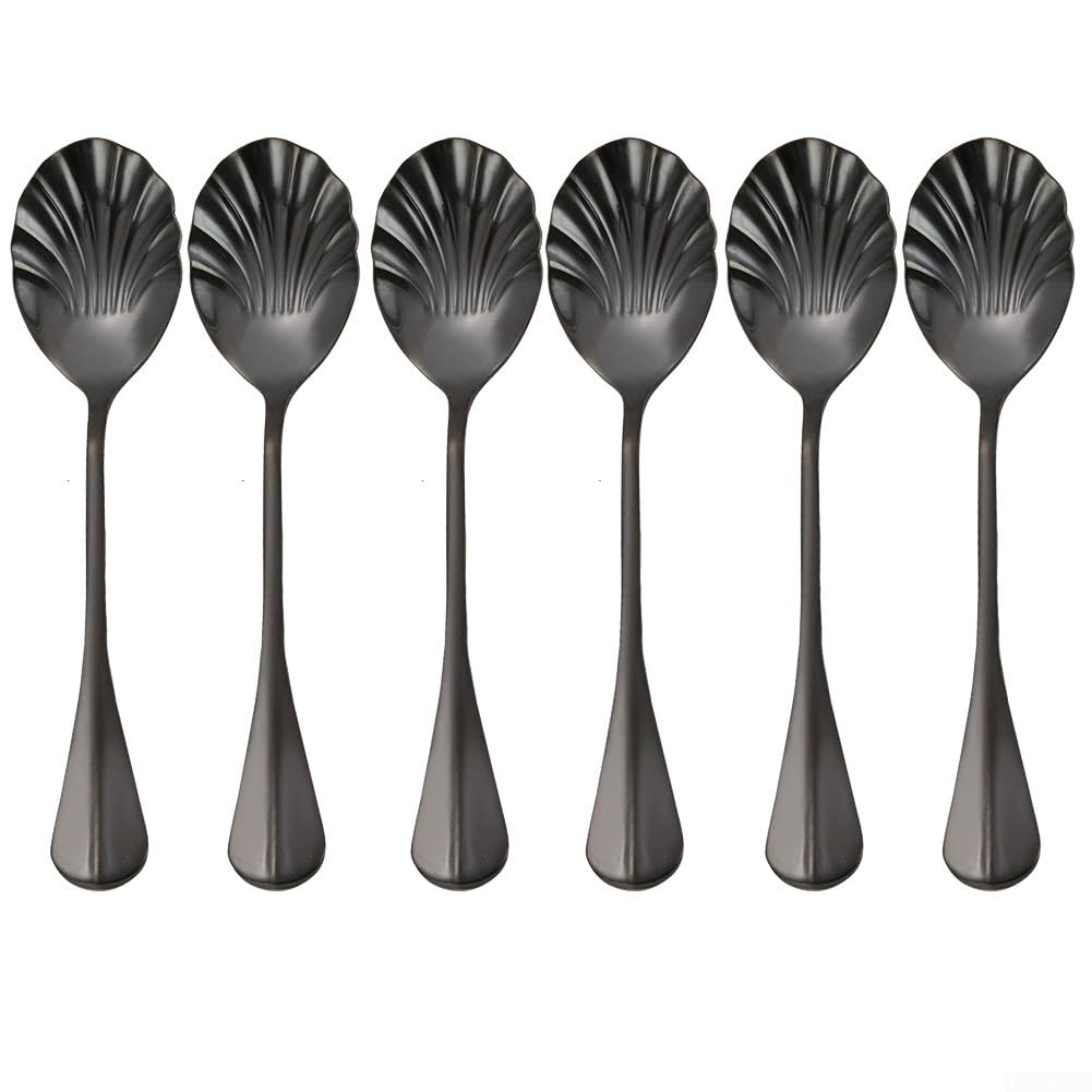 Shell-Shaped Stainless Steel Dessert Spoon Long Handle Elegant Design for Restaurant Wedding Party 6 Pieces Set(black)