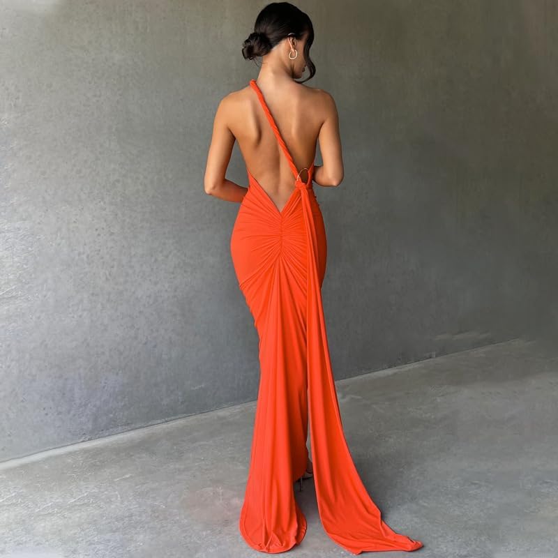 Suillty Women's Sexy Oblique Shoulder Backless Maxi Dress Ruched Back Strap Sleeveless Party Cocktail Long Dresses Bodycon - Image 3
