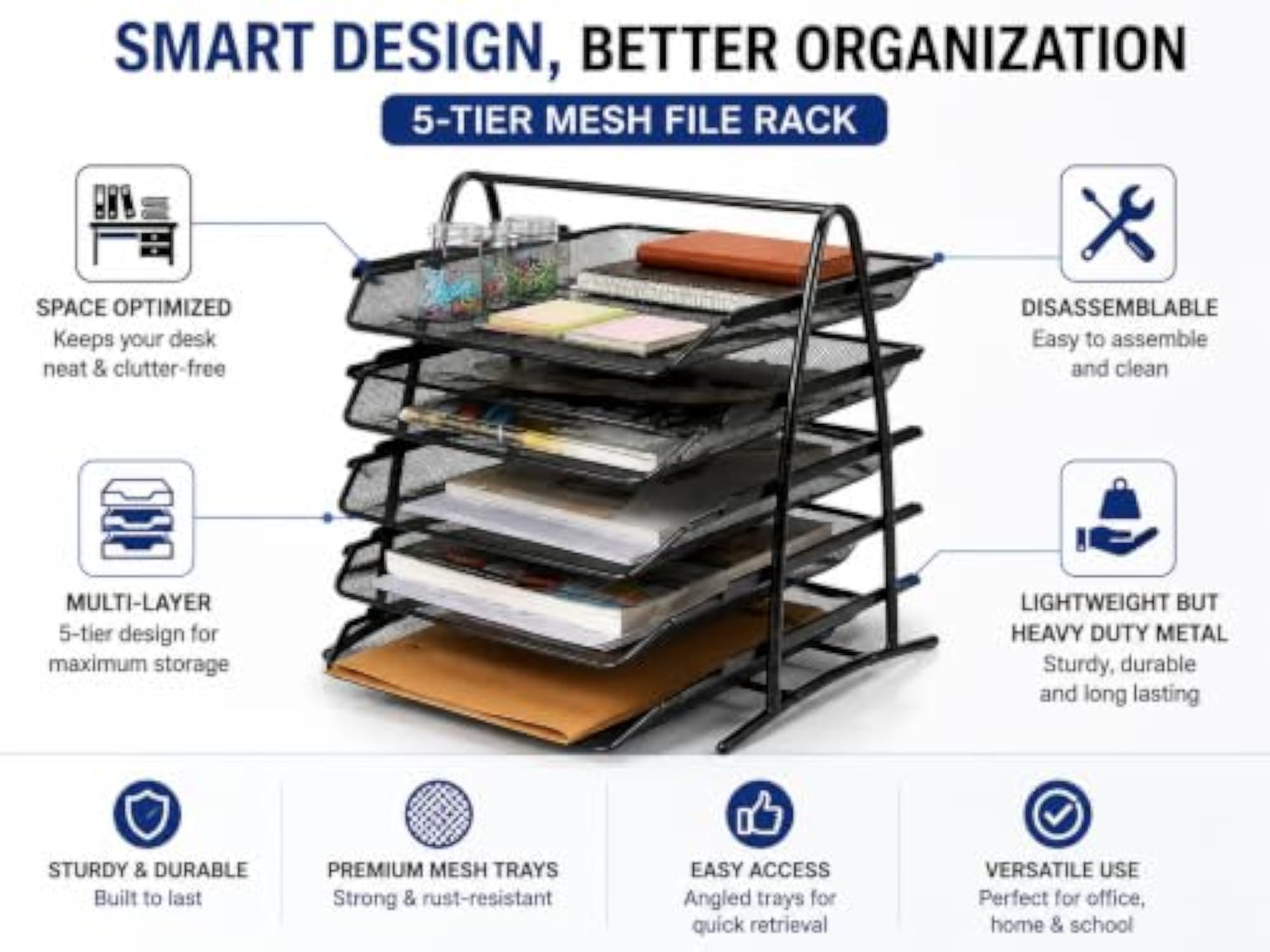 5 Tier Mesh Metal Desk Organiser for A4 Papers and Documents