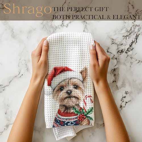 Image of Christmas Funny Yorkshire Terrier Kitchen Towels, Yorkie Gifts for Women Men Dish Tea Towels, Funny Candy Cane Yorkie Decorative Hand Towel for Bathroom Decor, 16x24 Inch