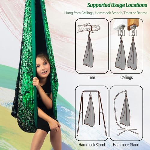 Sensory Swing for Kids & Adults Holds up to 300lbs Indoor & Outdoor Double Layer Therapy Cuddle Swing with 360° Swivel Hanger Kit for Calming, Effect for Autism, ADHD or SPD. (Crystal Green)
