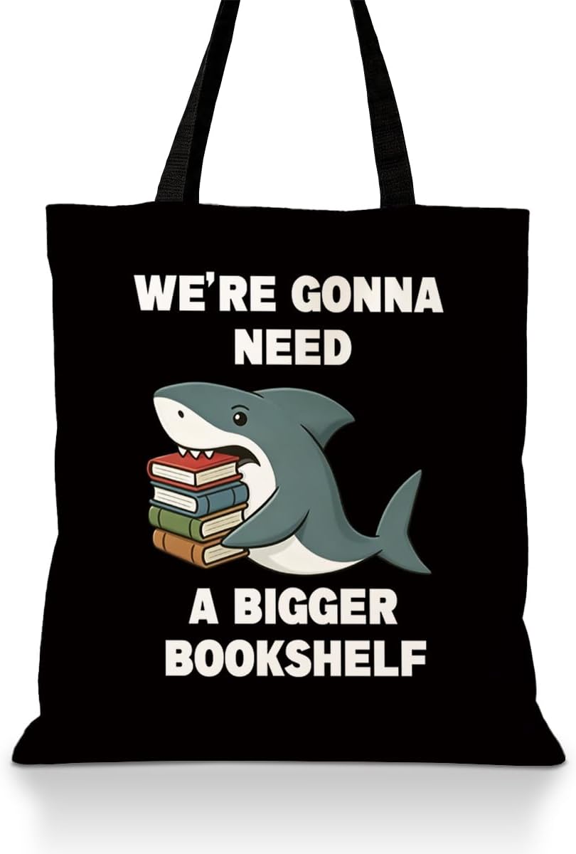 Funny Shark Canvas Tote Bag, We’re Gonna Need A Bigger Bookshelf, Reusable Bookish Shoulder Bag, Reading Animal Carryall for Daily Shopping Library Travel Commute Beach