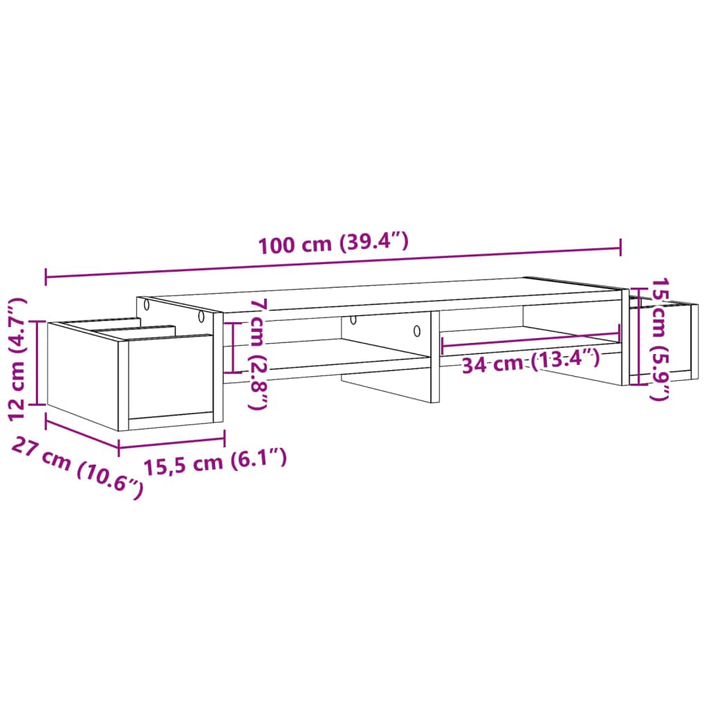 Supporto per monitor con vano portaoggetti, grigio Sonoma, in legno, 100 x 27 x 15 cm, 4 scomparti, supporto da scrivania autoportante per home office, gaming, ufficio e altezza ergonomica
