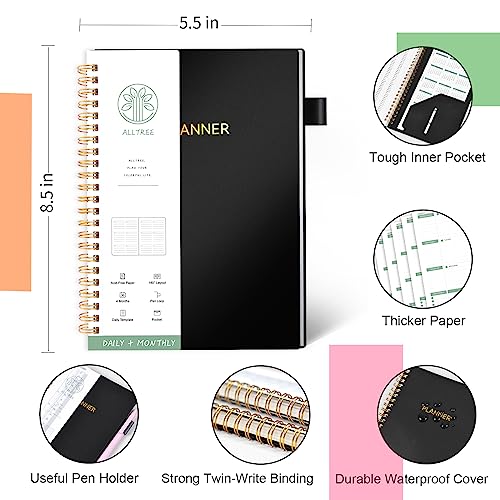 Daily Planner Undated, Daily To Do List Planner Notebook With Spiral Binding, Alltree Daiy Goals Notebook, Habit Tracker, Business Tool For Professionals, Teacher, Student, Pocket, Pen Loop, Black, 5.5"X8.5" #TOP4