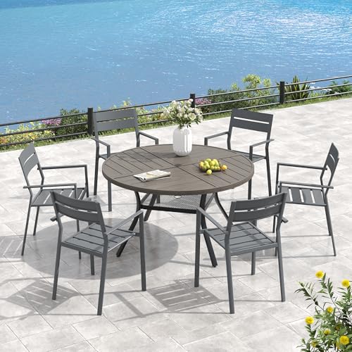 Image of VICLLAX 47.2 inch Round Outdoor Table, Patio Dining Table for 6 with Umbrella Hole for Garden Lawn Deck Backyard, Antique Grey