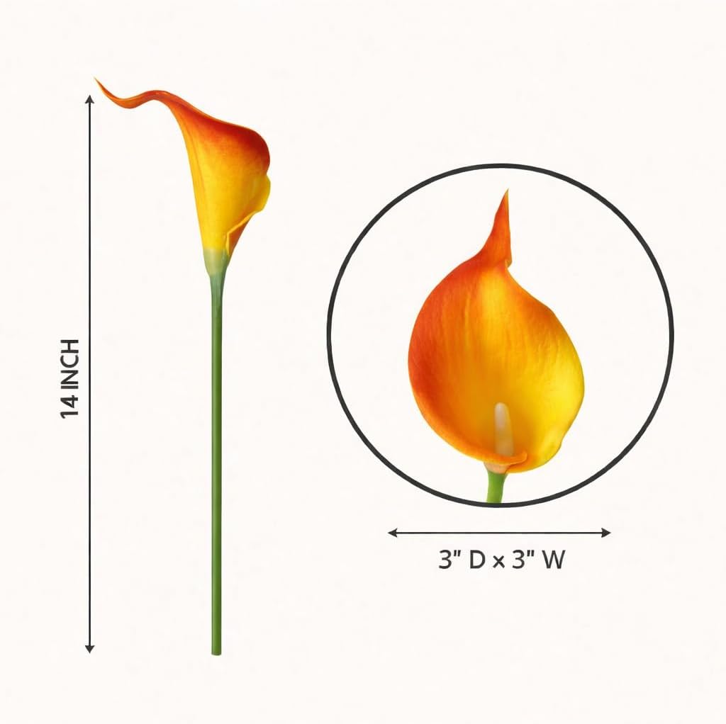 Floral Kingdom 20 Pack Artificial Calla Lily Flowers 14 Inch Yellow-Orange – Real Touch Faux Flowers for Table Centerpieces, Home Decor and Weddings - Image 3