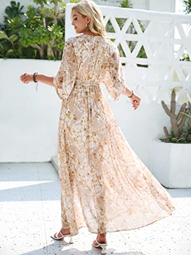 Image of ANRABESS Womens Boho Floral Wedding Guest Maxi Dress | Flowy A-Line Chiffon with Slit, Elegant V Neck Wrap Elastic Waist, Casual 1 /2 Sleeve Spring Summer Outfits, Tea Party