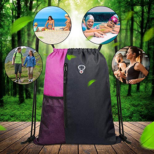 Image of BeeGreen Sports Bag Drawstring Backpack With Water Bottle Pocket &Front Zippered Pocket Large String Bag Pack For Men Women