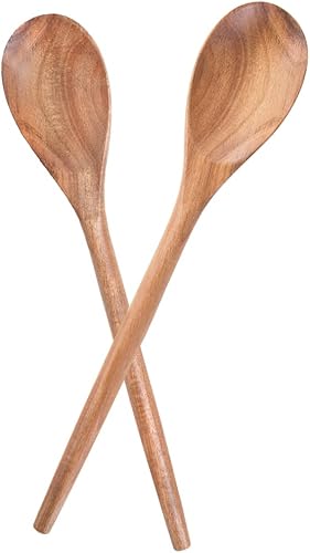 2 cucharas de madera de acacia para cocinar, cucharas de cocina de acabado liso de 14 pulgadas, cucharas de madera de agarre cómodo para cocinar,