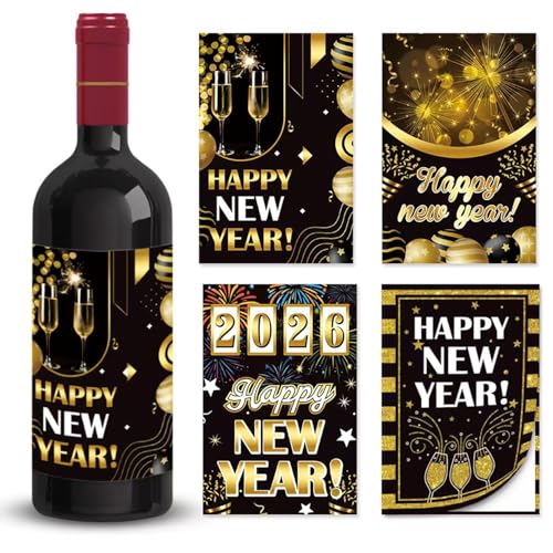 Happy New Year Wine Bottle Labels, 8 Pcs, NYE Party Decor