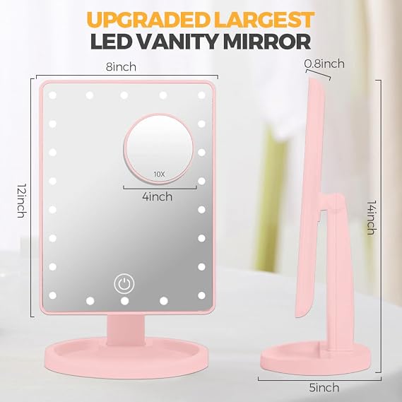 Makeup Vanity Mirror with Lights and 22 LED Lighted Makeup Mirror, Detachable 10X Magnification, Adjustable Dimming Touch Sensor, Dual Power Supply, 270° Rotation, Portable Cosmetic Mirror - Pink