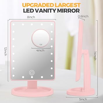 Makeup Vanity Mirror with Lights and 22 LED Lighted Makeup Mirror, Detachable 10X Magnification, Adjustable Dimming Touch Sensor, Dual Power Supply, 270° Rotation, Portable Cosmetic Mirror - Pink