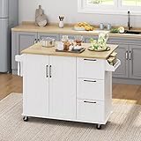 Yaheetech Kitchen Island with Drop-Leaf Breakfast Bar, 53' Width Kitchen Cart on 5 Universal Wheels with Rubberwood Top, Storage Cabinet, 3 Drawers, and Spice Rack for Dining Room, White