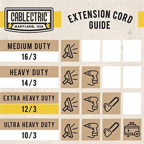 Cablectric 100 Ft Outdoor Extension Cord - 15 Amp 12/3 Sjtw Heavy Duty 12 Gauge Yellow Lighted Electrical Cable With 3 Prong Grounded Plug #TOP6