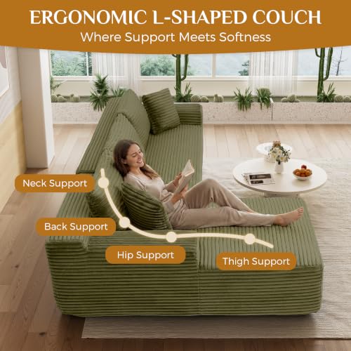 Image of 95 inch Boneless Cloud Sectional Couches for Living Room, Comfy Fluffy L Shaped Memory Foam Deep Seat Boneless Couch, Modular Sectional Sofa with Left Facing Chaise, Olive Green