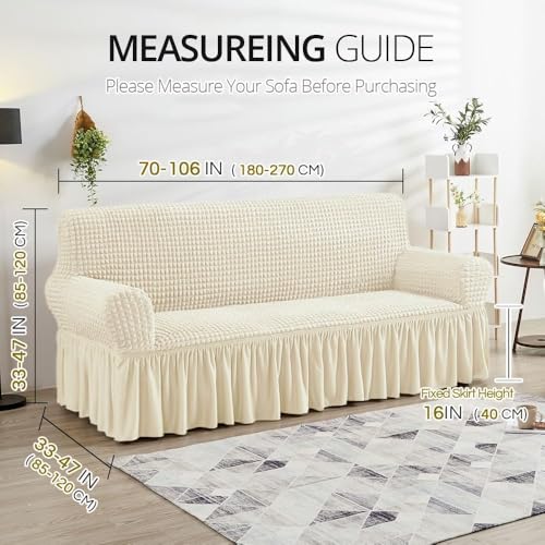 Image of Bails Sofa Cover 5 Seater Fully Covered | Sofa Cover l Shape 7 Seater Fully Covered | Sofa Cover 5 Seater Set | Elastic Bubble Fabric with Frill Sofa Protector Cover (Beige, 5 Seater (3+1+1))
