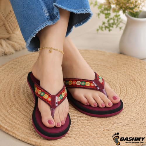 Image of Dashny Women's Comfortable Flip Flops | Soft Cushioned Footbed | Lightweight Anti-Skid Sole | Embroidered Toe Post Slippers | Comfortable Indoor & Outdoor Footwear