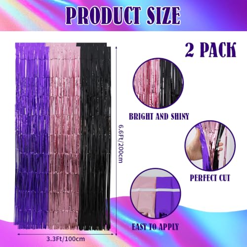 Image of TONIFUL 2Pcs Purple Pink Black Metallic Tinsel Foil Fringe Curtain Streamer | 3.3ftx6.6ft Photo Booth Backdrop Door Streamer for Halloween Mystery Themed Birthday Baby Shower Bachelorette Party Decor