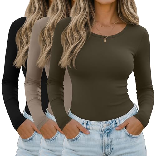 Riyiper 3 Pack Women's Long Sleeve Shirts Scoop Neck Tight