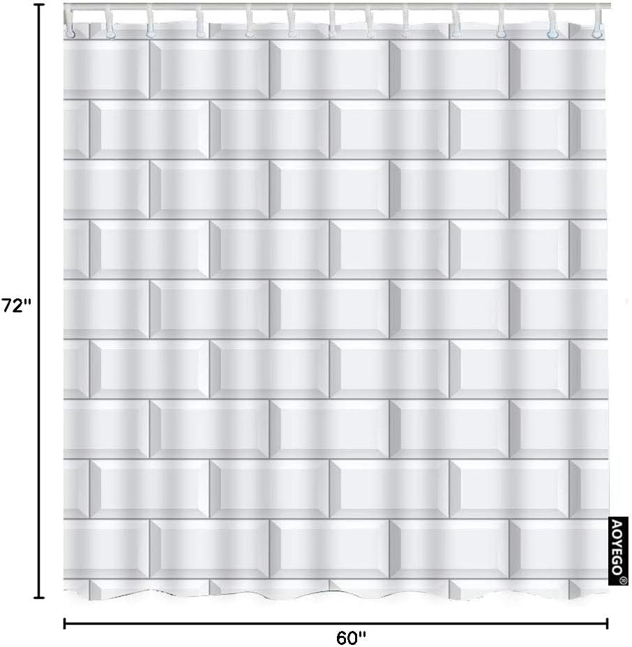 AOYEGO Tile Shower Curtain with Hooks White Bricks Block Surface Subway Wall Geometric Rectangle Luxury Fabric Shower Curtain Decorative 60x72 Inch Polyester for Bathrooms Bathtubs Farmhouse