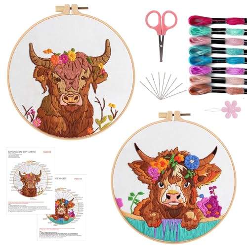 Image of Offizon 2 PCS Embroidery Kit for Beginners Stamped Cos Pattern | Cross Stitch DIY Craft Set, Hoop Included, Animal Embroidery Accessories, Stitching Sewing Kit Gift for Adults