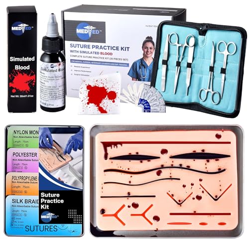 MEDED Suture Practice Kit with Blood | Realistic Complete Suture Kit (35 Pieces) for Medical/Vet Student Training | Include Premium Quality Suture Pad, Tools, 20 Suture Threads (4Type), Gloves, Gauzes