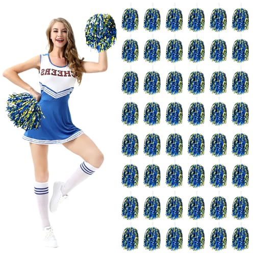 REHALY 48Pcs Pom Poms Cheerleading Cheerleader Pom Poms Spirited Cheer Pom Poms Bulk Metallic Foil Squad Team for Kids Adults Cheerleader Gifts Team Spirit Sports Dance Game Party,30g(Blue+Gold)