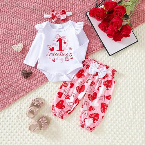 Newborn Infant Baby Girl My First Valentines Day Outfit long Sleeve Onesie Romper love Heart Print Pants And Headband2