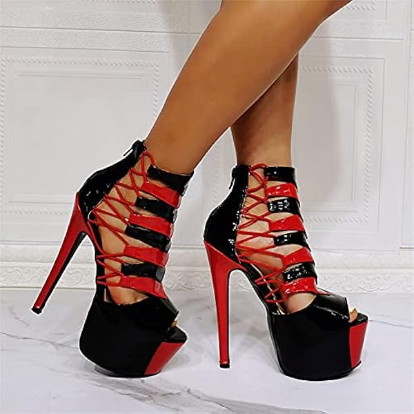 Höga klackar Sexiga 47 tjocksula stilett 17 cm ihåliga sandaler, röd-37 Happy house