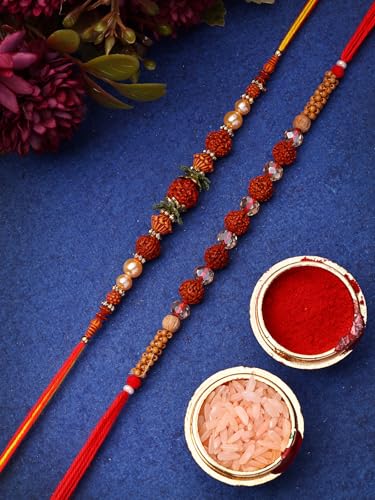 Image of Sukkhi Rakhi Trendy Floral Design Gold Plated AD Stones & Pearls Combo Rakhi for Brother with Roli Chawal & Greeting Card| Set of 2