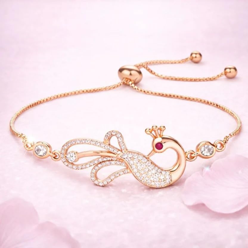 Image of Nilu's Collection Rose Gold & Silver Plated American Diamond Adjustable Peacock Bracelet, Stylish Fashion Jewellery Gift fo Women