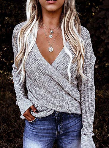 BLENCOT Women's Winter Waffle Knit Shirts V Neck Long Sleeve Oversized Solid Wrap Sweater Tops Blouses Clothing Gray S