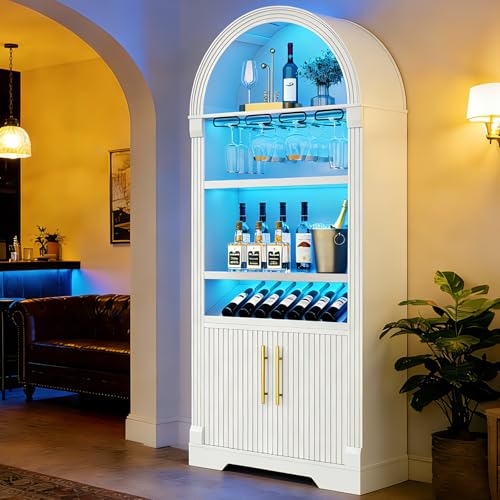 Vlsrka 71" Tall Arched Wine Bar Cabinet with LED Light & Human Sensor, Fluted Coffee Bar Cabinets with Stemware Rack, Kitchen Pantry Cupboard Adjustable Shelves, Liquor Cabinet for Home, Dining Room