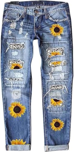 Women's Ripped Jeans Straight Leg Boyfriend Jeans Skinny Stretch Butt Lifting Jeans Slim Fit Denim Pants