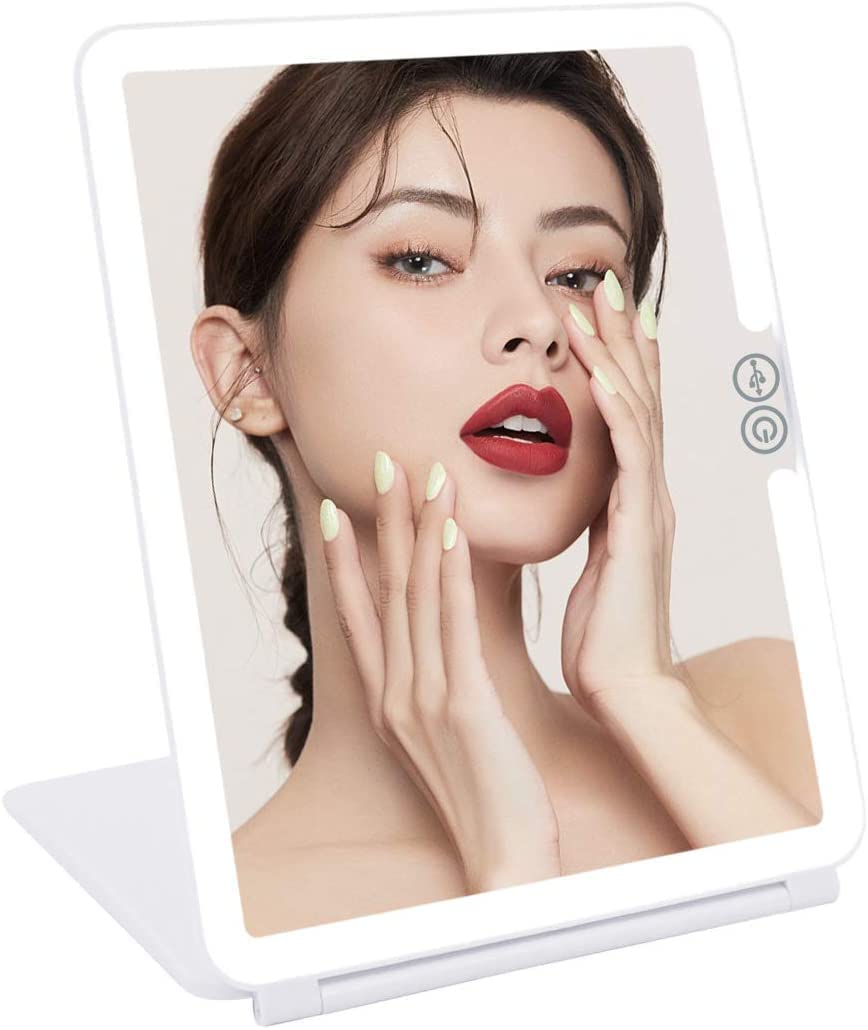 LeisheTravel Mirror with LED Light and Rechargeable Travel Makeup Mirror with Light and Automatic Modes,Folding Compact Travel Mirror with 3X and 5X Magnification Mirror(White)