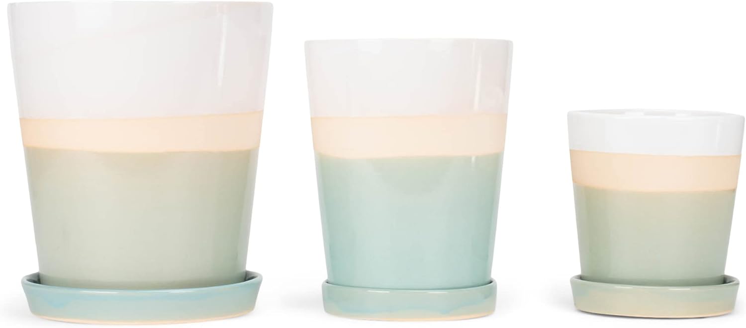 Napco Tri-Color Assorted Sizes Green/Tan Ceramic Flower Pot Planter with Saucer Set of 3