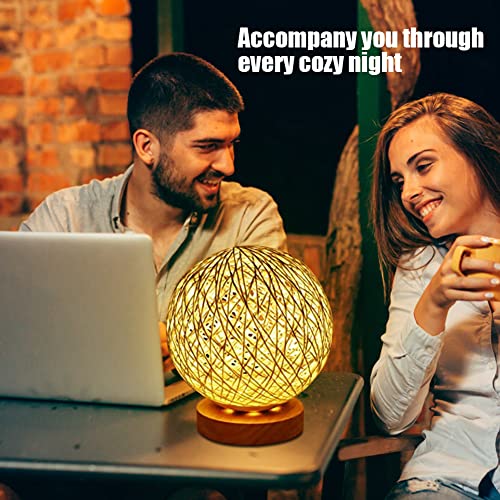 Gohytal LED bedside lamp, beige spherical ball lamp, dimmable night lights, wooden rattan LED table lamp with USB cable - Image 3