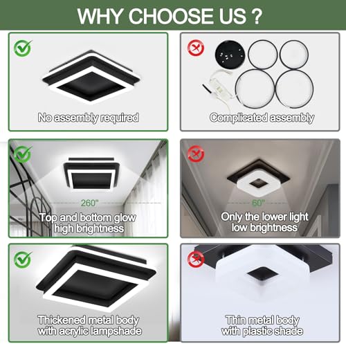 CANEOE Black Modern LED Ceiling Light, Square Flush Mount Ceiling Hallway Light Fxitures, 6000K Cold White Small Close to Ceilings Lamp for Bedroom Hallway Kitchen Balcony Cloakroom by CANEOE - Image 4