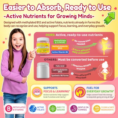 Image of Kids Methylated Multivitamin Gummies with Omega 3 DHA /EPA, Methyl 12 & Folate, Lion's Mane Mushroom, Vitamin D3, C, Zinc, Magnesium, Picky Eater Vitamins Children 4+ for Brain, Focus, Sugar Free,2Pack
