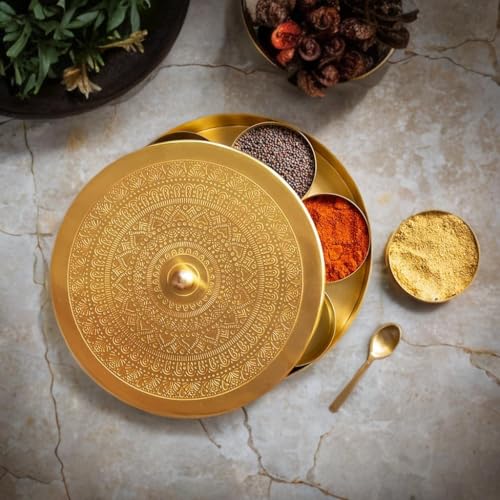 Image of Golden Metal Made Decorative Spice Box with Embossed Lid | Handcrafted Metal Masala Dabba For Kitchen With Spoon (7 Containers, 40 Ml) | Indian Spice Storage Organizer with Lid