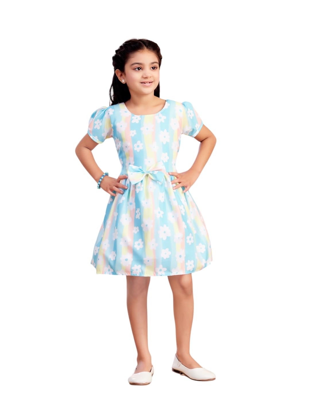 Aarika Vestido de algodón con estampado floral azul para niñas