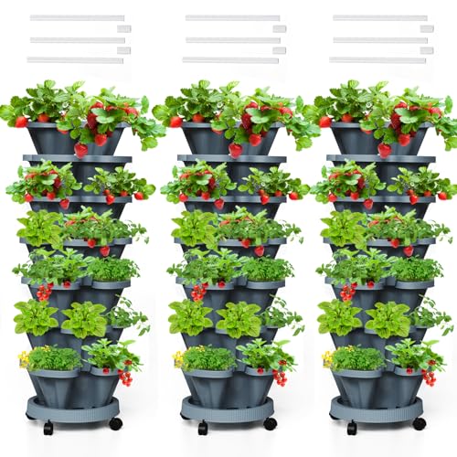 Tectsia Strawberry Vertical Planters Tower Garden 3 Pack, 7 Tiered Stacking Herb Vegetable Planter with Support Pole Indoor and Outdoor - Dark Grey
