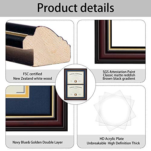 Image of ELSKER&HOME Double Diploma Frame for Two 8.5x11 with Navy Mat,Wood | Cherry Wood,Document /Photo Made for Certificates&Diploma 14x20 Inch Without Mat (Double Mat, Navy Blue Mat with Golden Rim)