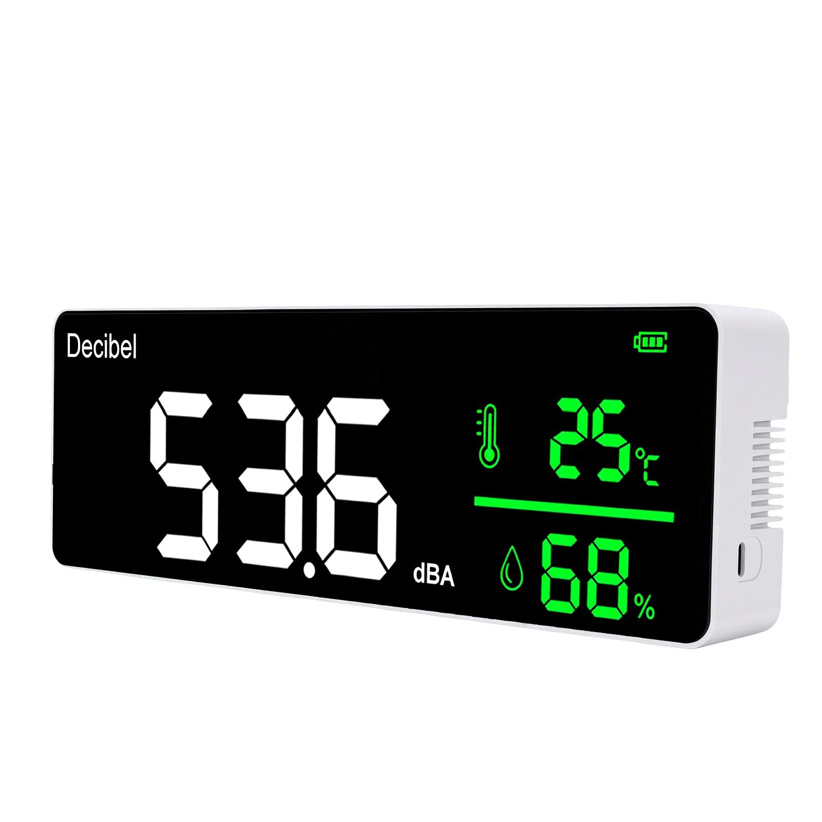 Eujgoov DM 1306D Medidor de Decibelios Digital de Montaje en Pared 30-130 DBA LED | 3 en 1: ruido, temperatura, humedad;exportación de registro de datos, interruptor °C / °F, calibración manual, 2000 mAh,
