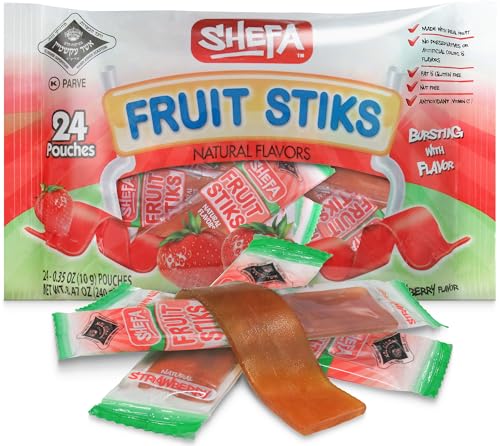 Shefa Strawberry Fruit Sticks, (24 Count) | Real Fruit Snacks | Individually Wrapped | Free of Artificial Colors, Dyes or Flavors, Corn Syrup, Gluten, Nuts & Preservatives | Certified Kosher