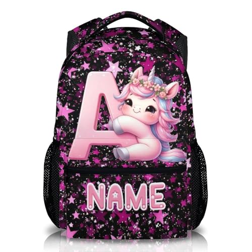 Kids Backpack, Custom Cute Unicorn Bookbag for Girls 6-8, Initial Gift for Birthday, 17 Inch Leisure Monogram Backpack for School Preschool Elementary Kindergarten