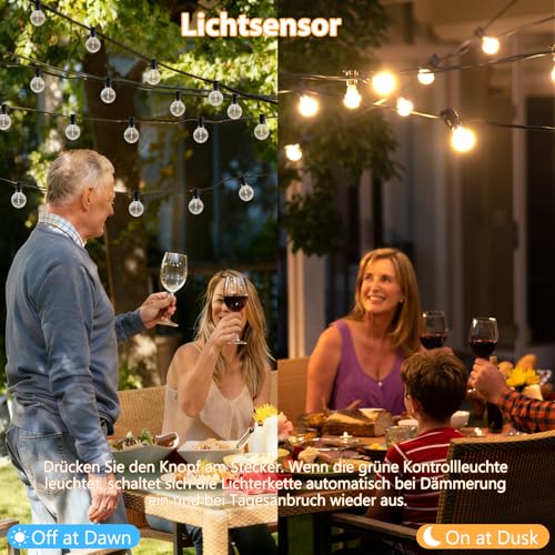 QIHANS LED Lichterkette Außen Strom, 30M LED Outdoor Lichterkette mit Lichtsensor Timer, 50+2 Warmweiß G40 Glühbirnen Plastik, Wasserdicht Lichterketten für Garten Terrasse Hochzeiten