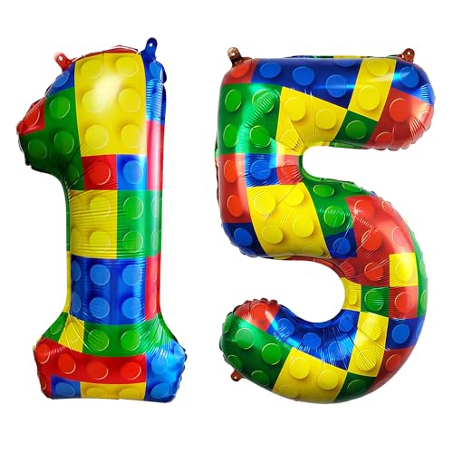 Image of 32 Inch Building Block Number 15 Balloons birthday Block Themed Large Big Helium Foil Mylar Balloon for Girls Boys Birthday Party Decoration Supplies