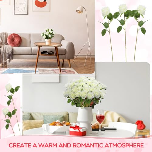 Riceshoot 500 Pcs Artificial Silk Roses Flowers with Long Stem Bridal Wedding Bouquet Realistic Floral Bulks for Garden Home Party Gifts Favor Decoration(White) - Thumbnail 6