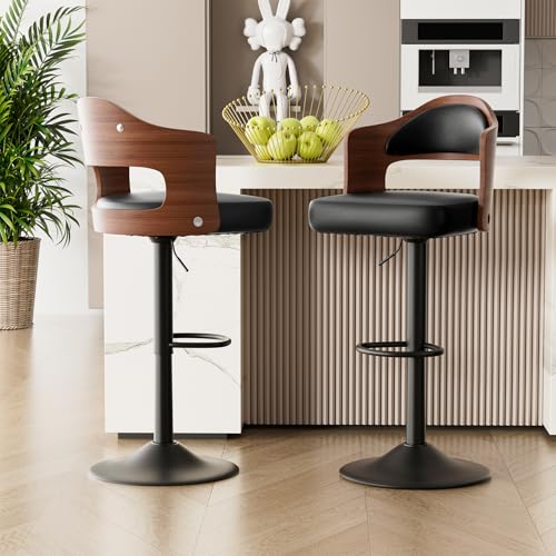 Image of Hawthyhome Bar Stools Set of 2 |Bentwood Swivel Barstools with Back & Footrest • PU Leather Upholstered BarChair for Kitchen, Dining Room • Black
